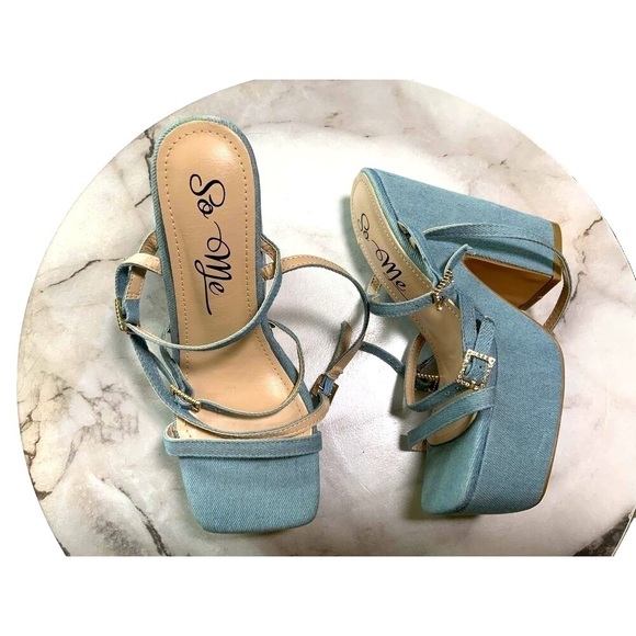 So Me Blue Denim Rhinestone Ankle Strap Platform Heels Size 6.5 - Picture 1 of 9